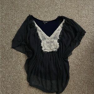 Chic Navy Blouse with Lace Accents